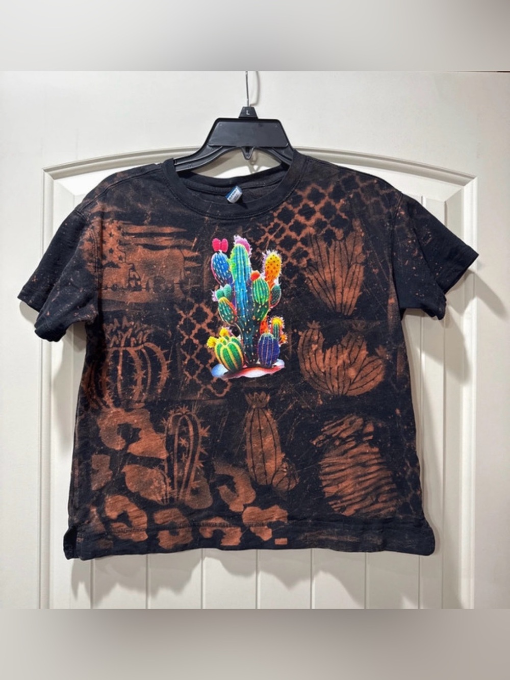 Custom bleached design Old Navy Black Tee with Colorful Cactus Graphic
